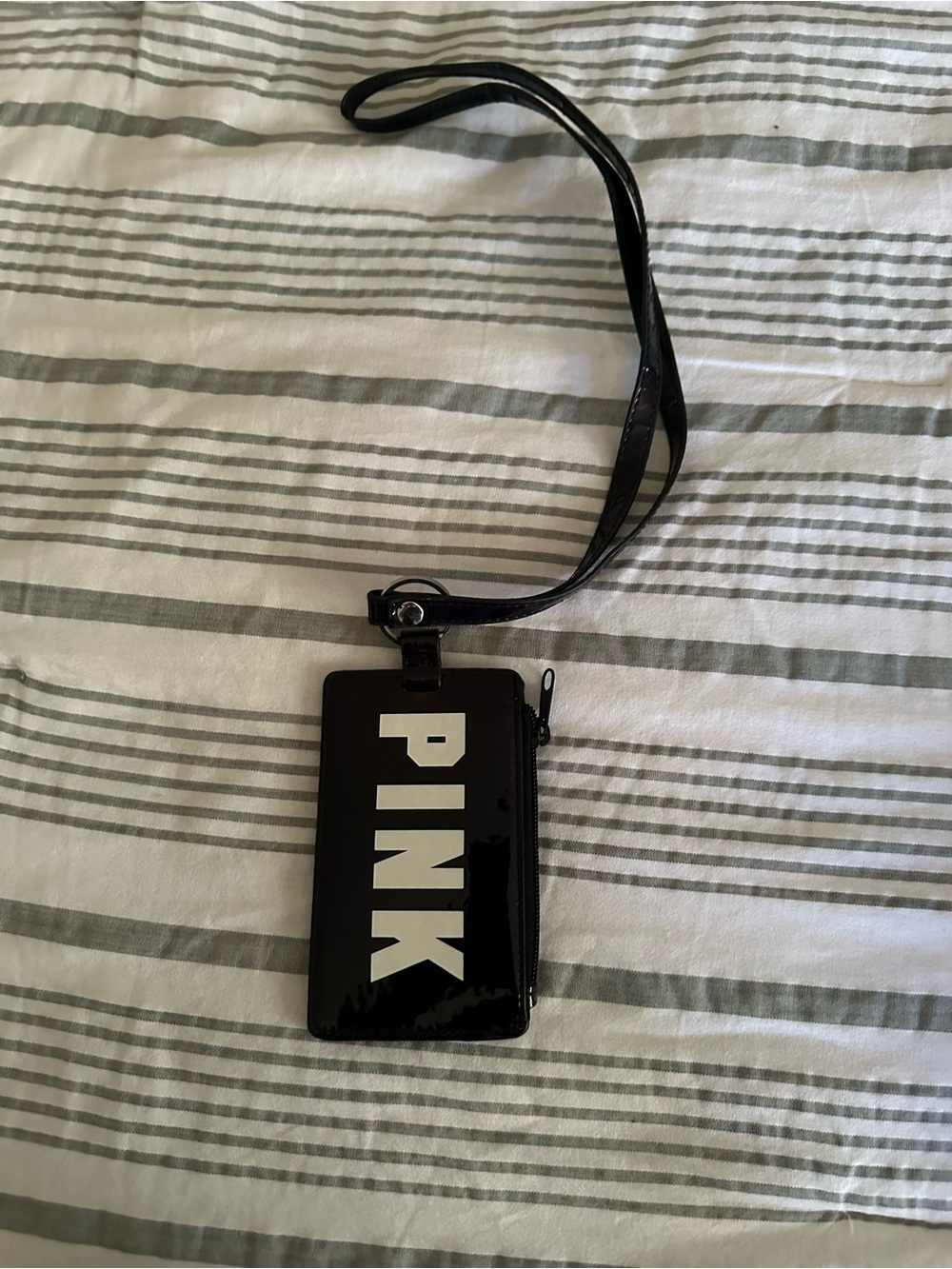 PINK Victoria's Secret Black Glossy Card Holder Lanyard